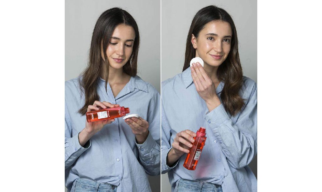 Aplica unas gotas del tónico perfeccionador, Peeling Toner, en un algodón y repártelo por todo el rostro y cuello presionando sobre la piel después de limpiarla y antes de aplicar la crema.